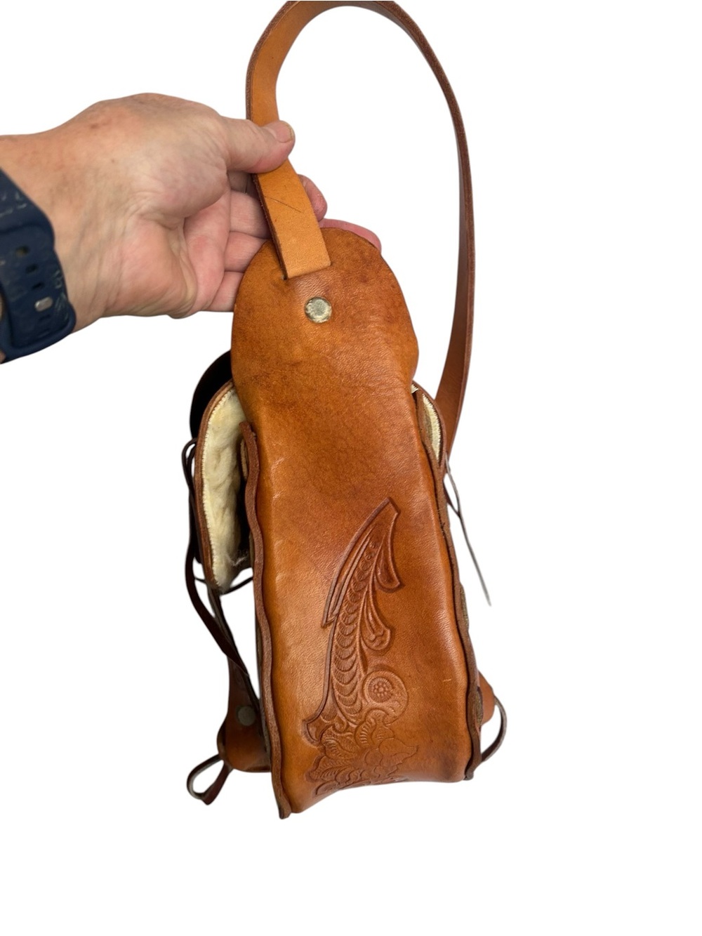 Horse Saddle Shoulder Bag Hand Tooled Brown Suede And Tan Leather Purse Vintage - Picture 8 of 16